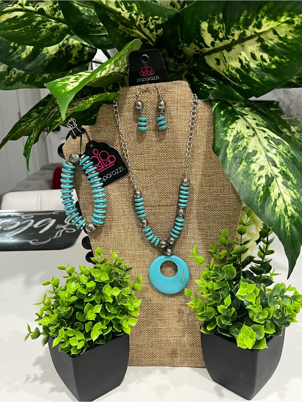 paparazzi Turquoise Beaded Pendant Necklace Set with Hoop Bracelet & Earrings